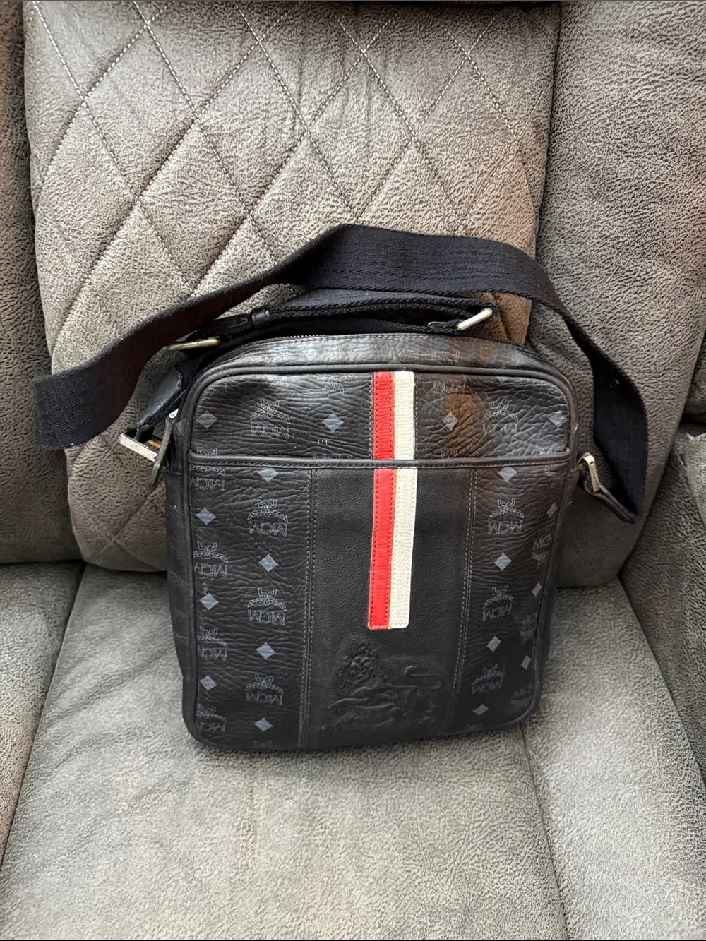 MCM- Black Crossbody Messenger Bag with Red-White Stripe